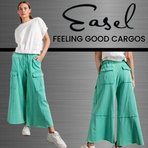 EASEL “Feeling Good Cargos” Mineral Washed Flared Leg, Raw Seams & Hems, Pockets